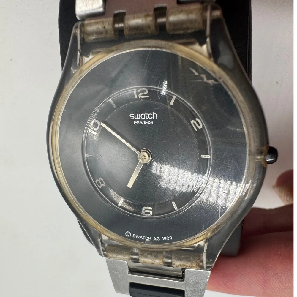 Swatch Skin 1999 Vintage Ultra Thin Watch Black Dial Silver Steel Rubber Strap‎